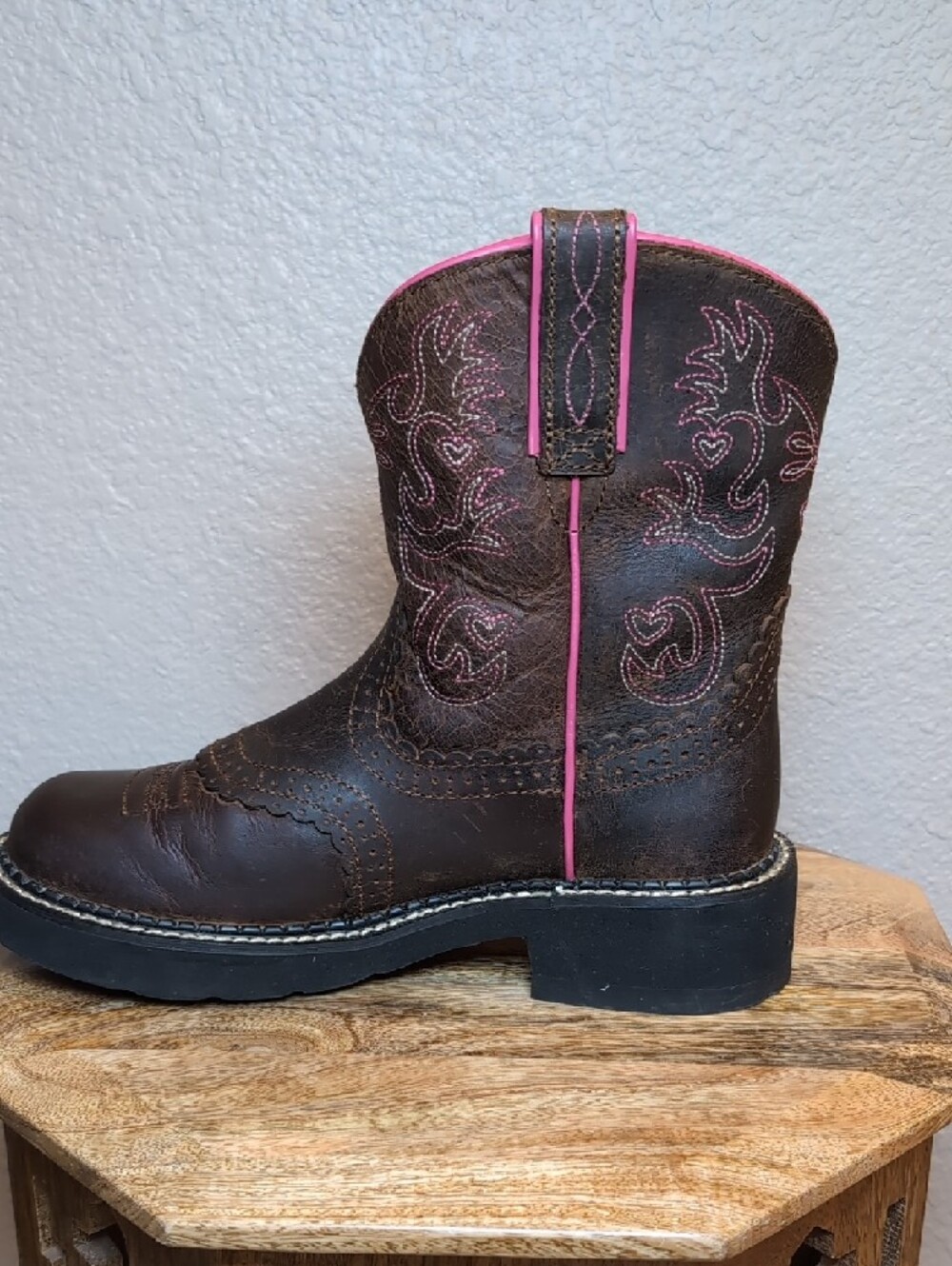 Ariat Fat Baby Leather Cowboy Boots with Pink Trim - Picture 3 of 10